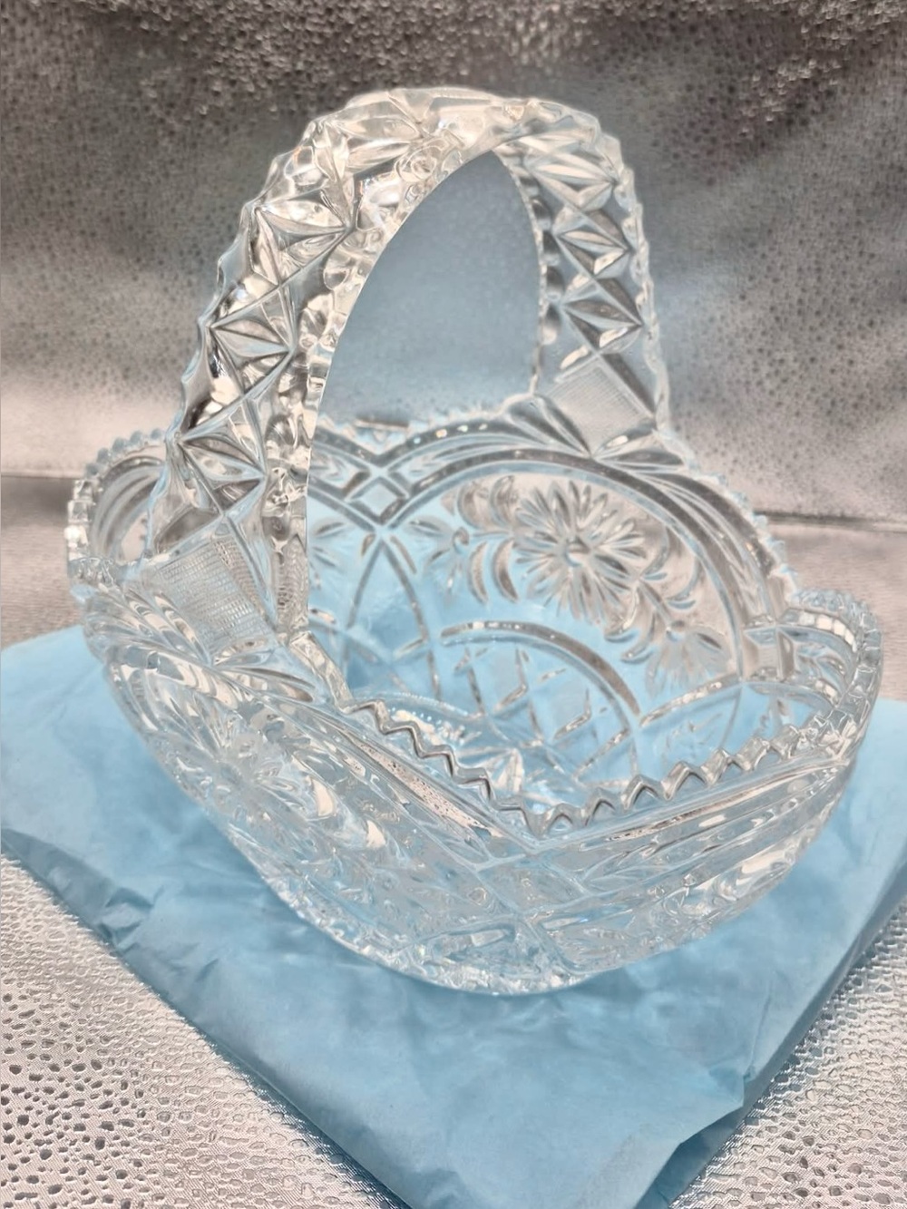 Vintage Cut Lead Crystal Basket Candy Dish with Handle & Floral Design